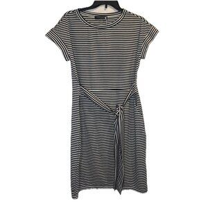 MEROKEETY Womens Black White Striped T Shirt Tie Waist Knit Midi Dress Sz M NEW